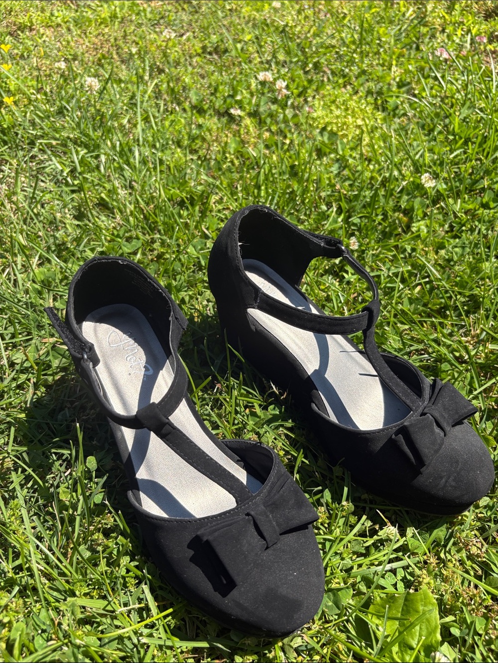 Black T-Strap Bow Wedge Sandals